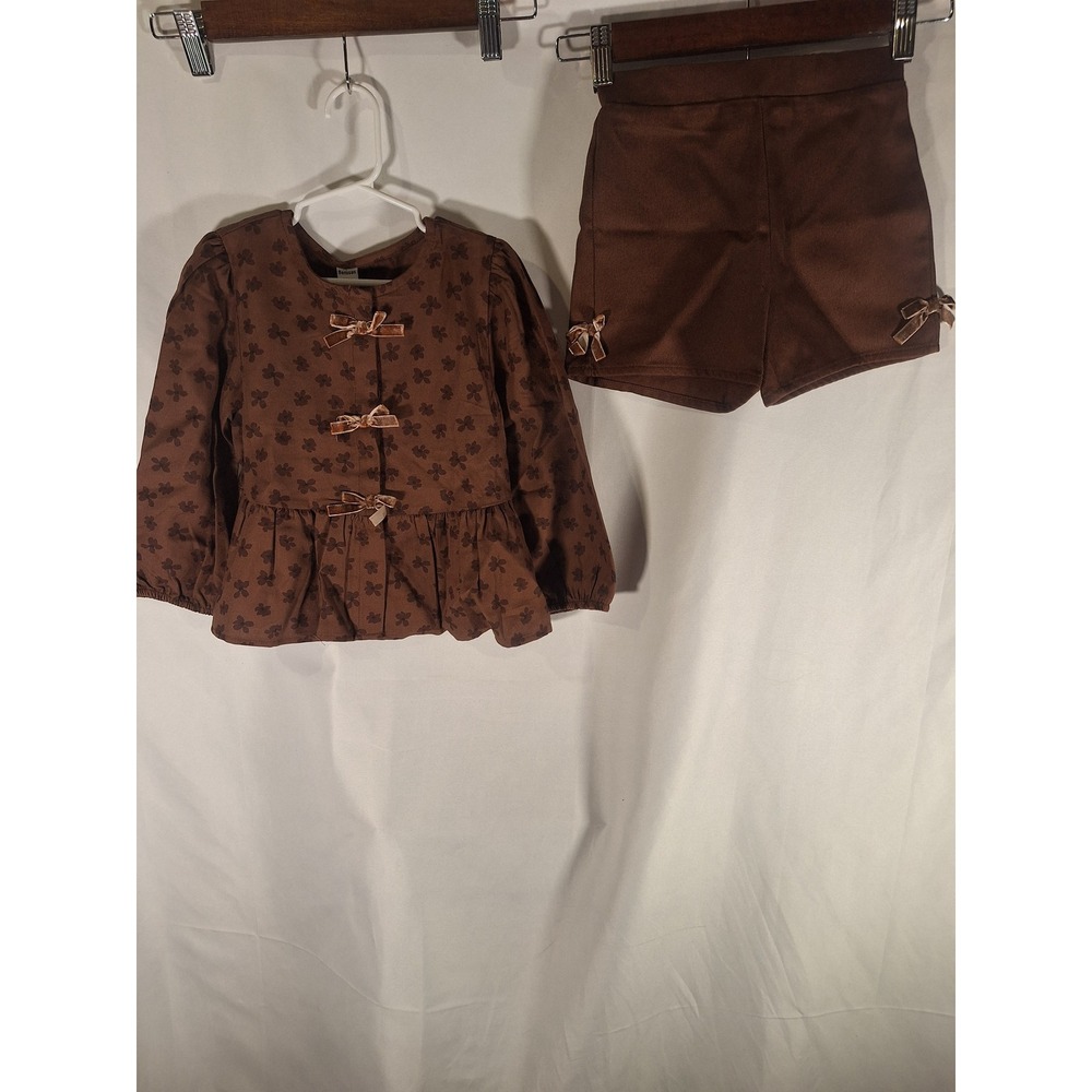 LC Waikiki Kids Brown Floral Bow Peplum Top and Shorts Set with Socks 3Y-4Y